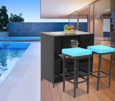 Best Outdoor Bar Set for tight budgets - HTTH Bar Furniture Rattan Bar Table 3 Pieces Patio Bar Set, Turquoise best outdoor bar sets