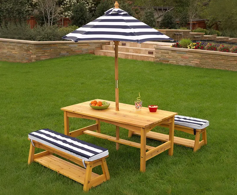 Best patio dining sets outdoor dining picnic KidKraft Outdoor Wooden Table Bench Set with Cushions and Umbrella (for Ages 3-8)