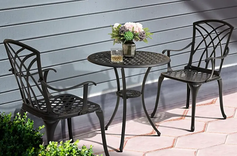 Best Overall Nuu Garden 3 Piece Patio Aluminum Bistro Set with Umbrella Hole, Black patio best outdoor bistro sets