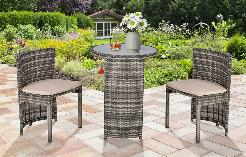 Best Rattan Outsunny 3 PCS Outdoor Rattan Wicker Bistro Set with Storage Shelf, Glass Top Table, Grey best outdoor bistro sets