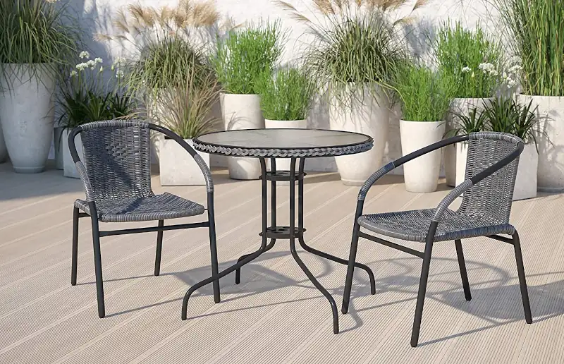 Value-for-money best Flash Furniture 28'' Round Glass Metal Table with Gray Rattan 2 Stack Chairs best outdoor bistro sets